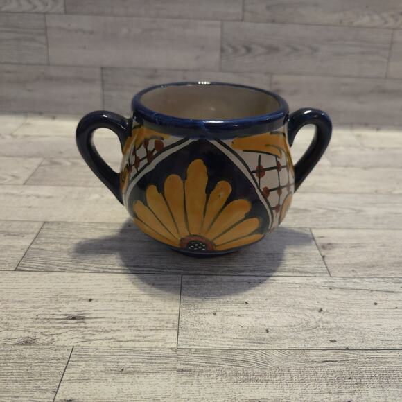 Lidded Talavera Mexico Terracotta Hand Painted Bowl With Handles - Picture 3 of 15